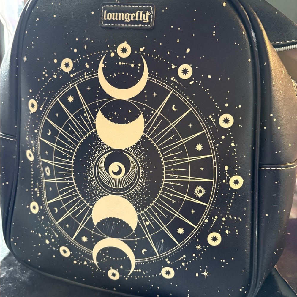 Loungefly Black Faux Leather Moon Phase Mini Backpack with Gold Print